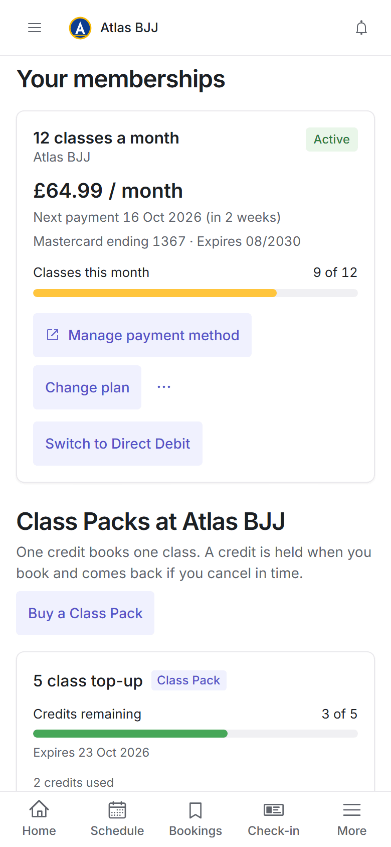 A member's membership and Class Pack credits on their own phone