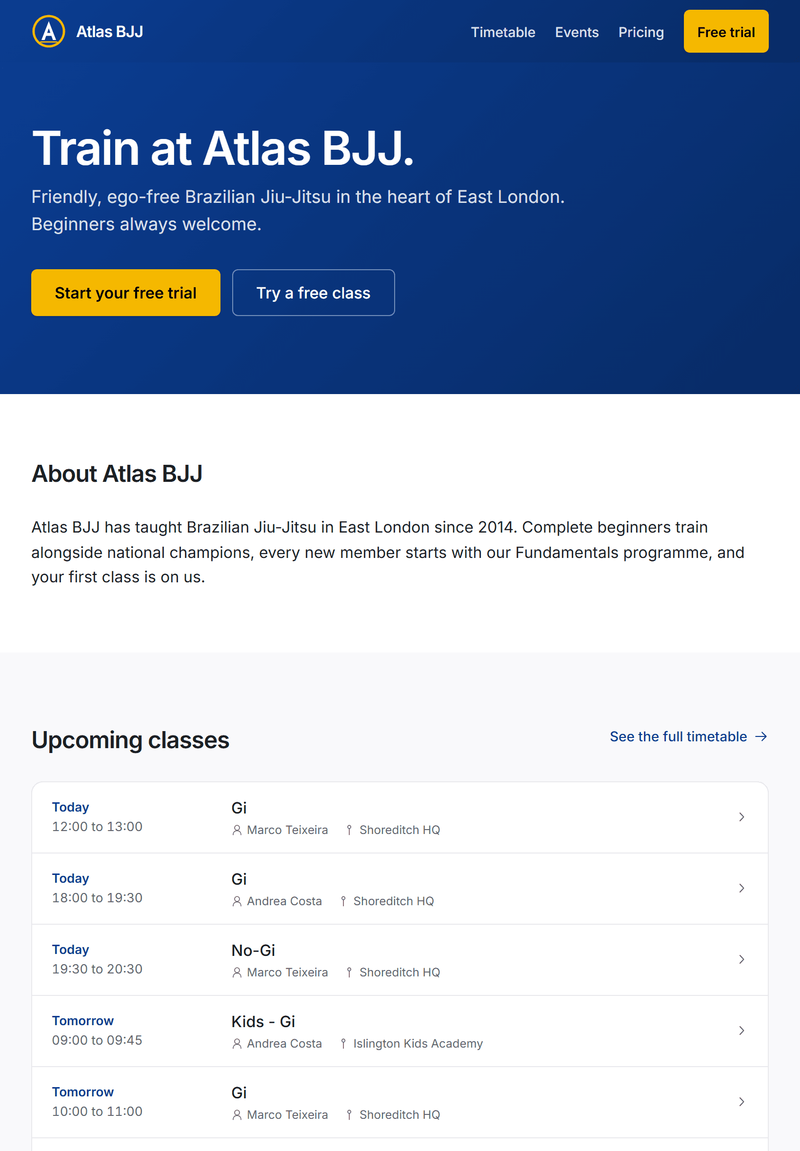 Atlas BJJ's public club page on a tablet, in the club's navy and gold with its logo, free trial and free class buttons, and about text