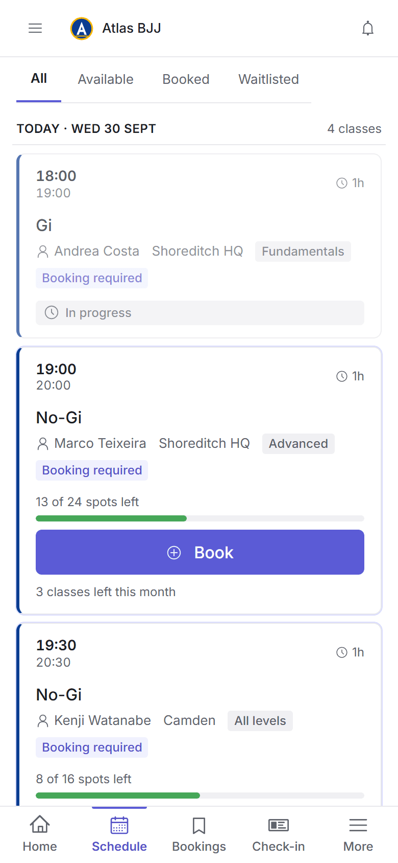 A member booking classes on their phone in the Jitsunami+ web app