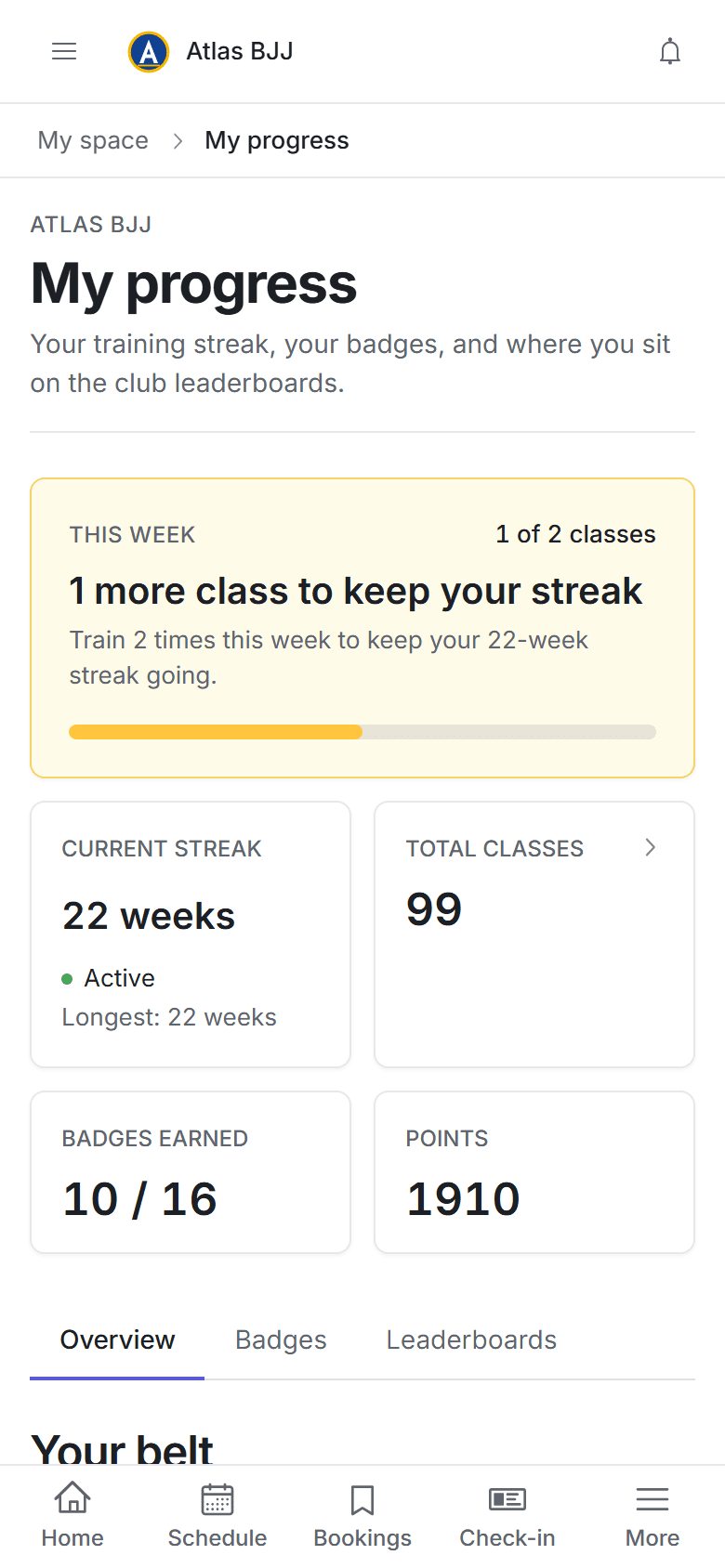 A member's weekly streak, badges and belt on their own phone