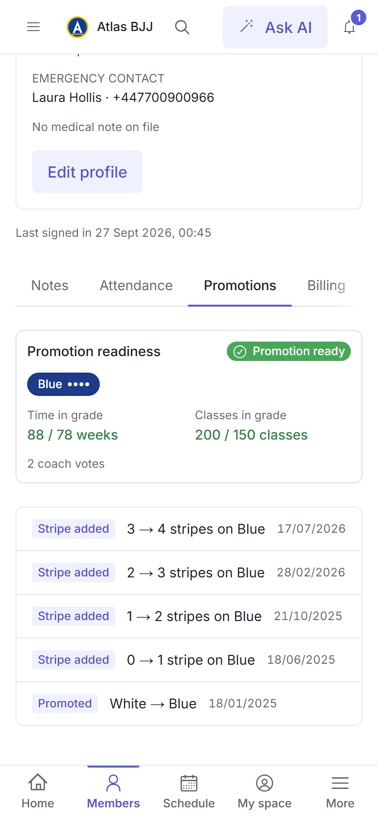 A member's profile on a phone, with their belt, stripes and promotion readiness