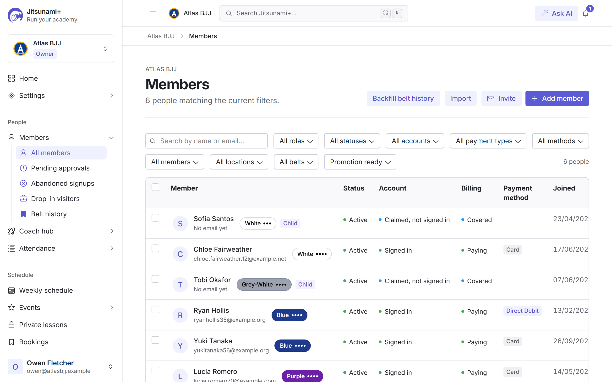Members roster with belt ranks, account status and billing posture for each member