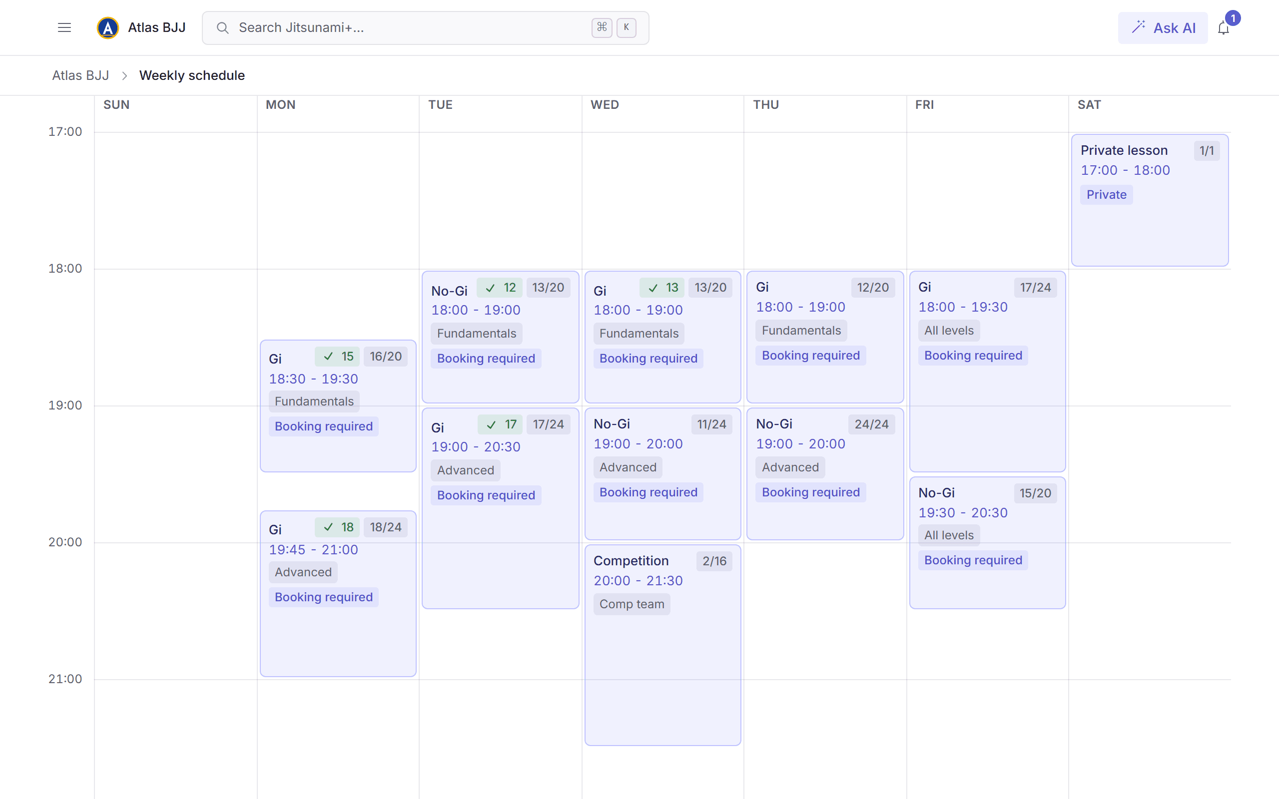 Weekly class schedule grid with booking counts across Gi, No-Gi, kids and open mat sessions