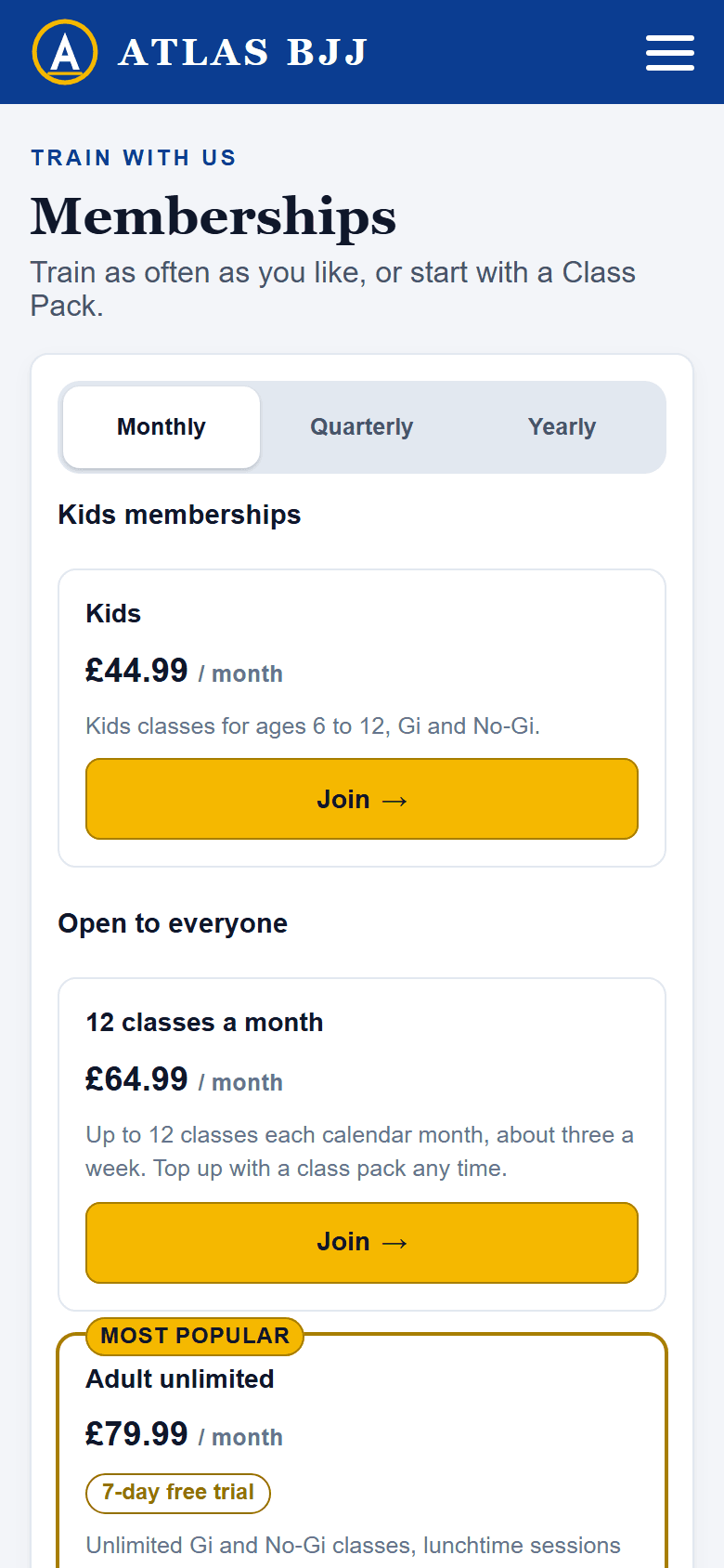 The same website on a phone with the pricing widget showing memberships, a monthly, quarterly or yearly choice and Join buttons