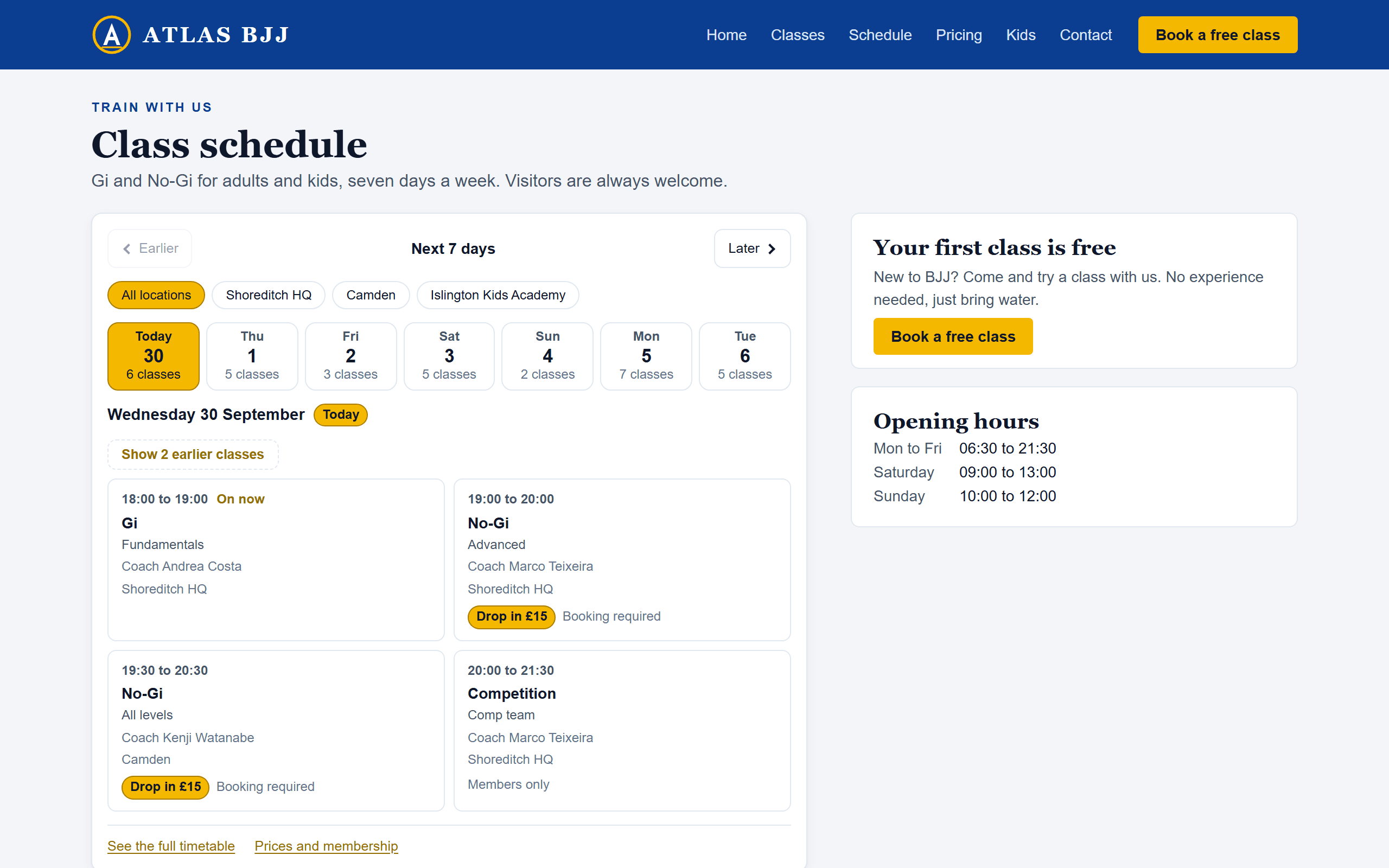 An academy's own website with the Jitsunami+ schedule widget listing this week's classes by location, with drop-in prices, Book links and a class that has been called off